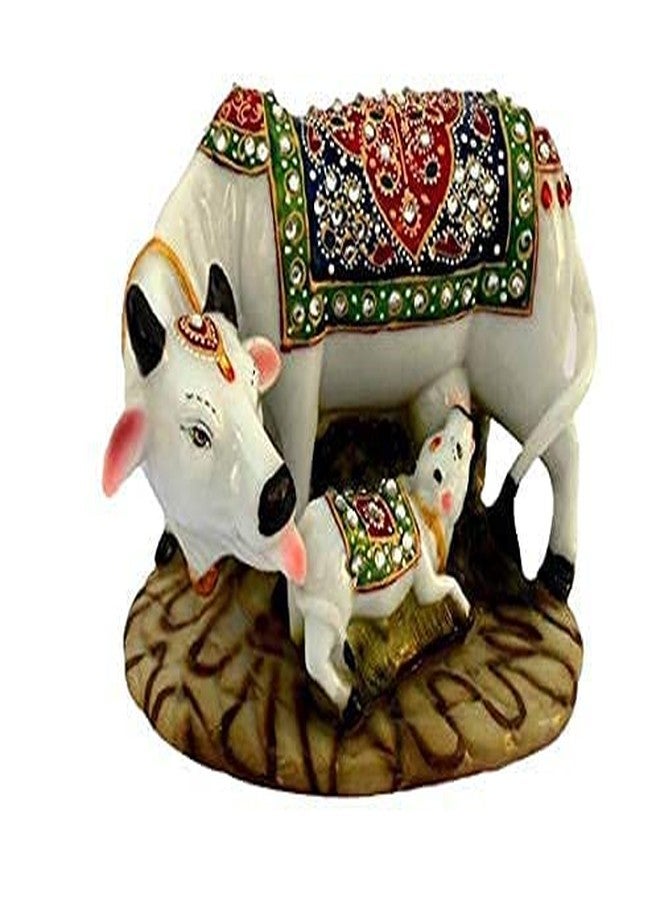 Ramashram Decorative Cow and Calf Statue for Pooja | Handicraft Home Decor Kamdhenu Cow & Calf | Vastu Gau MATA Idol with Stone Work for Home & Office (Multicolor, 5 Inch), Religious - Image 1